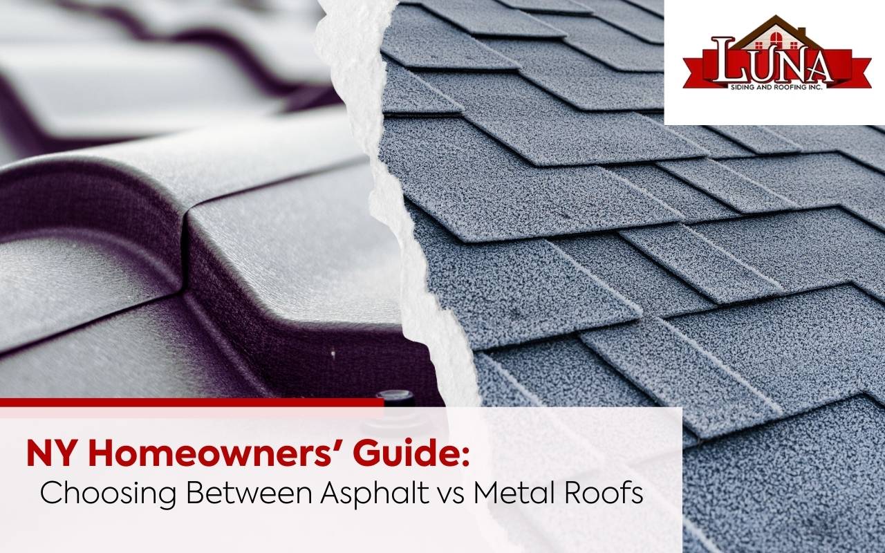 Comparison of asphalt vs metal roof NY showing different styles and colors on New York homes