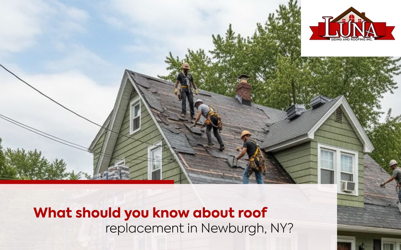 Roof replacement in Newburgh, NY with new asphalt shingles being installed